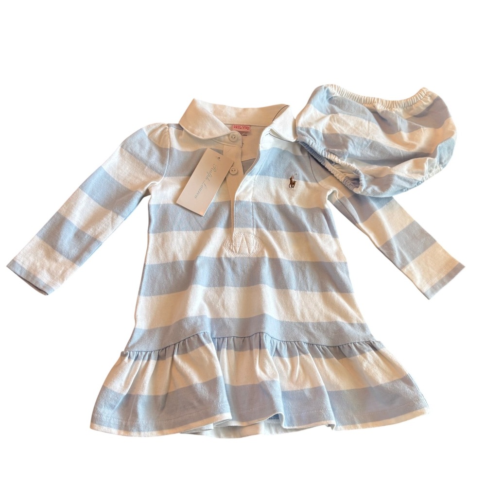 Ralph Lauren Baby Girl Blue White Striped Long Sleeve Polo Dress Set 9M NWT